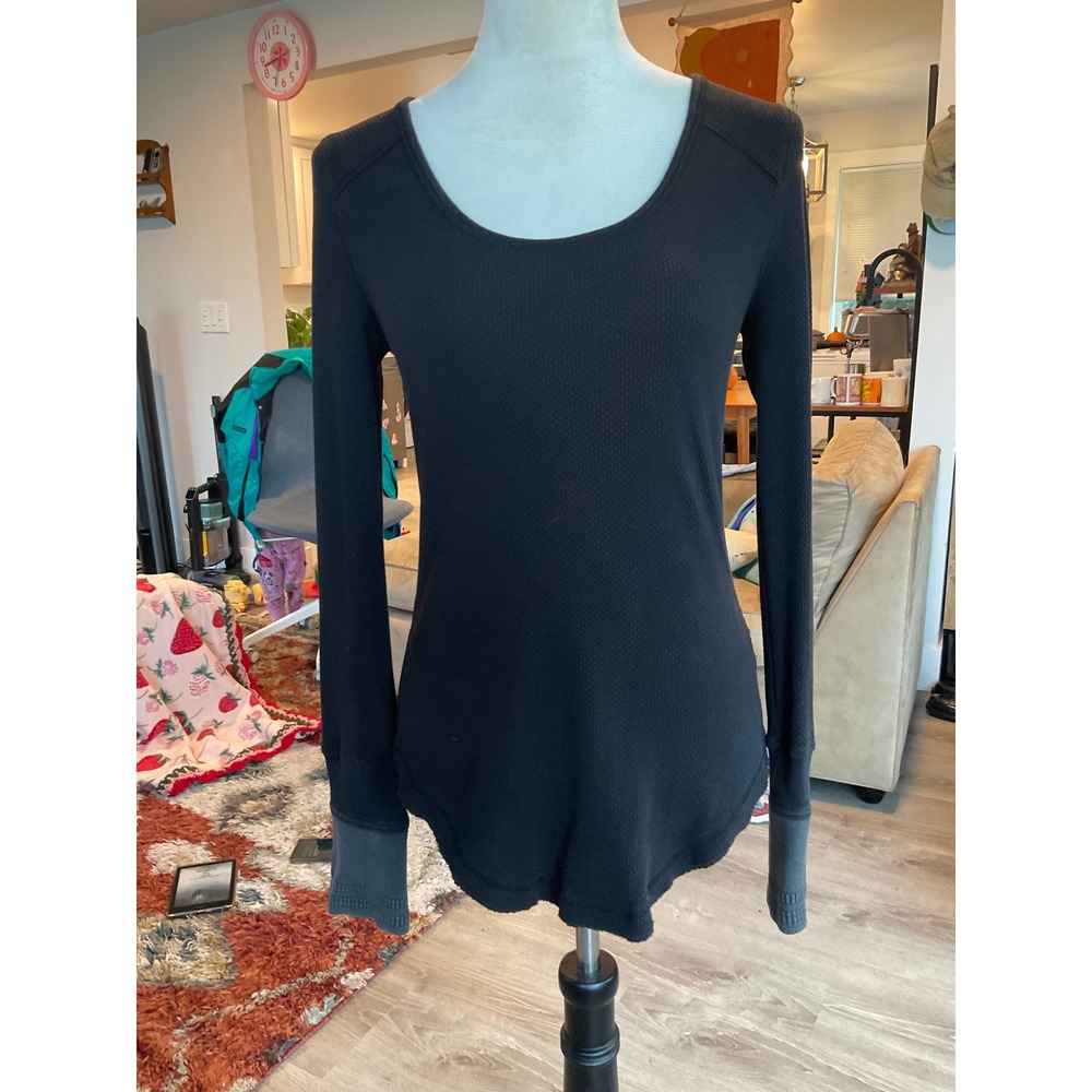 We The Free Free People Black Waffle Knit Thermal Long Sleeve Snap Cuff Top